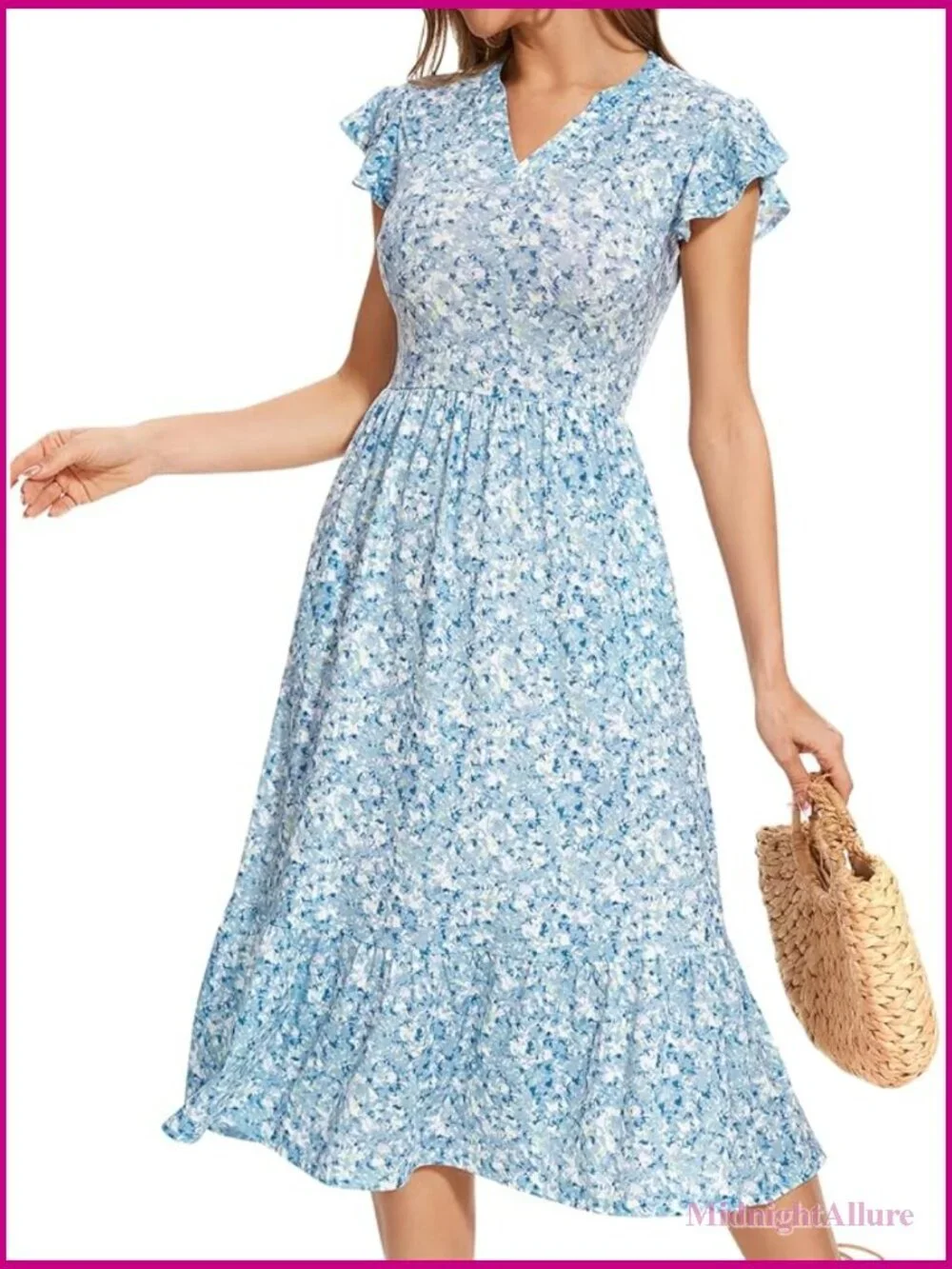Midi Dress with Pockets Ruffle Sleeve Notched Neck A-Line Boho Beach Sundress
